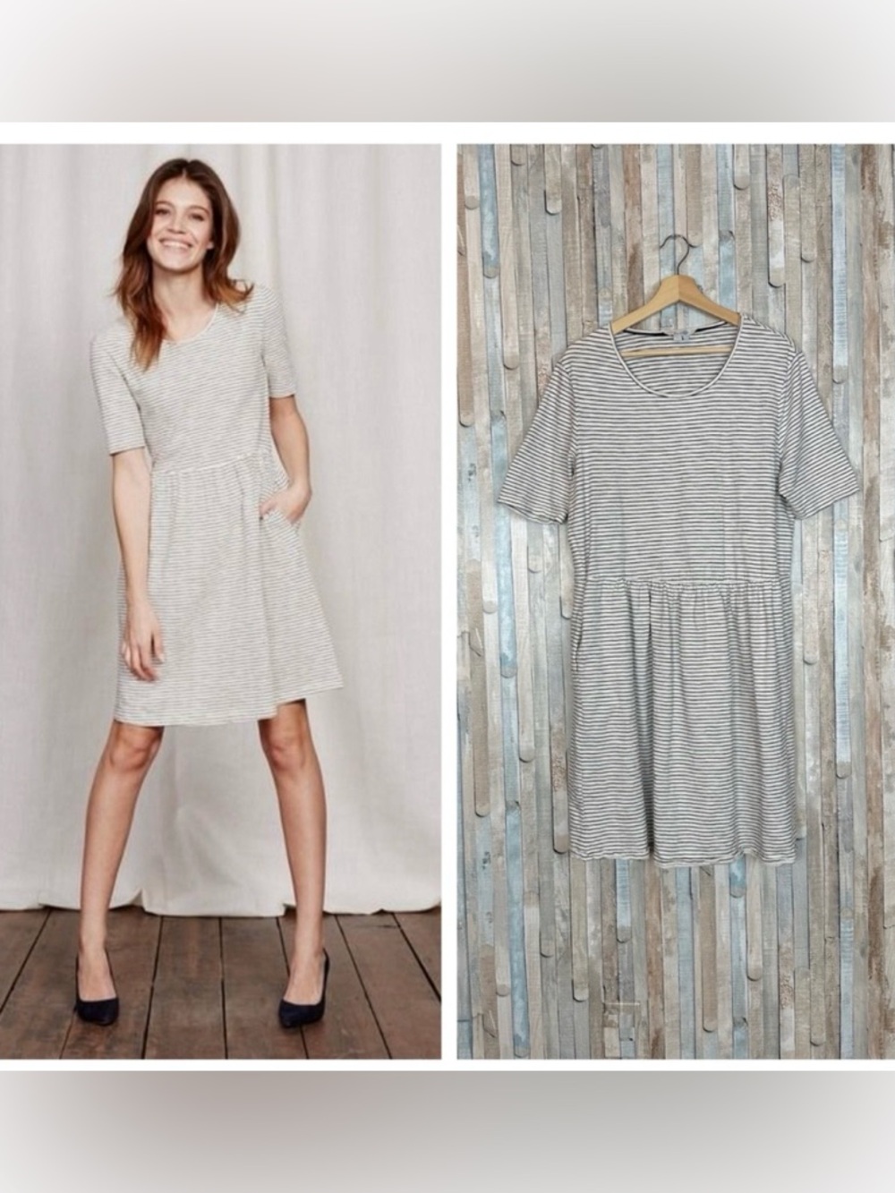 Boden Miranda White and Black Striped Cotton Casual Dress with Pockets